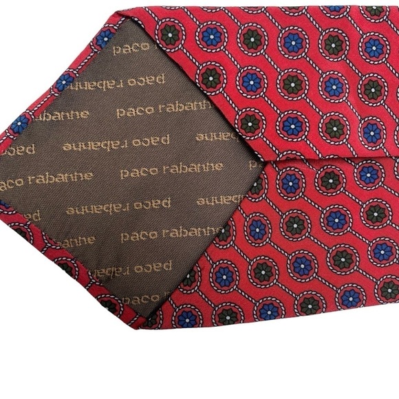 PACO RABANNE Red Silk Retro Floral and Chain Pattern Tie - Picture 3 of 7